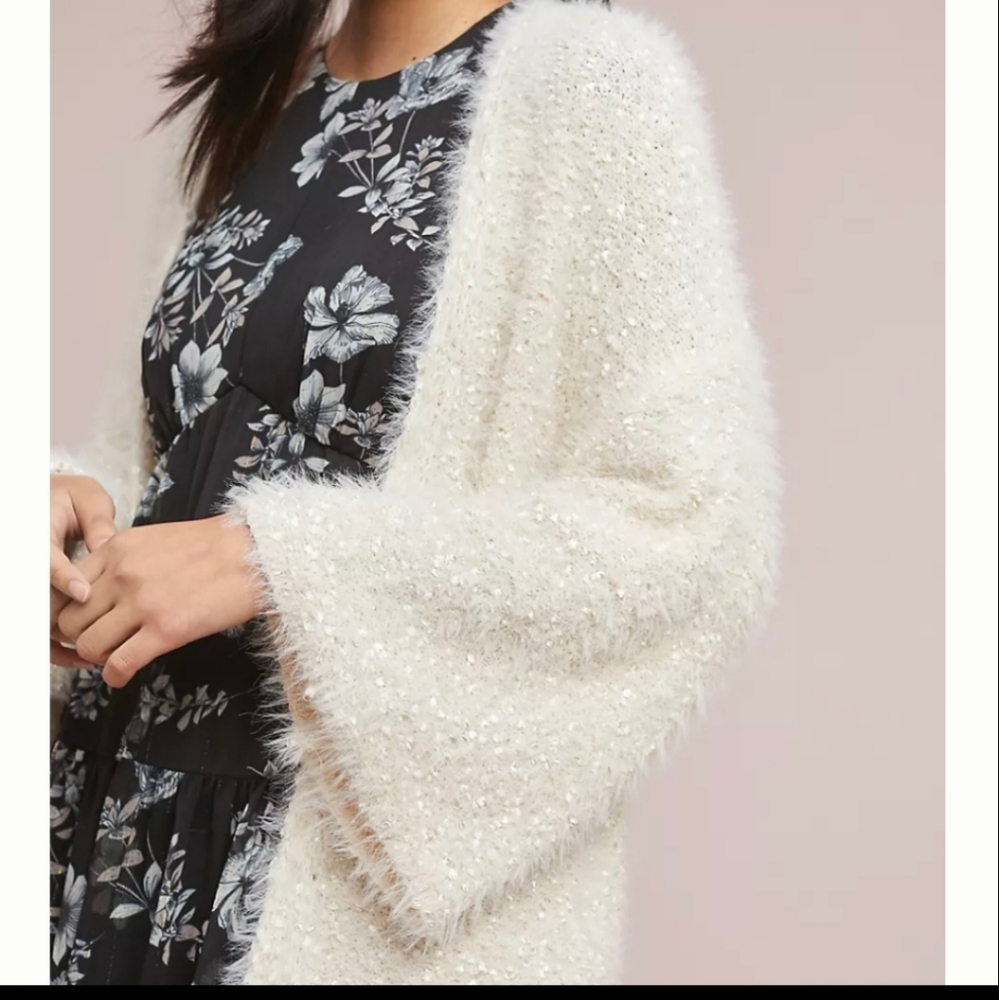 Sleeping on Snow Ivory Shimmer Sparkle Fuzzy Cozy Kimono Cardigan Sweater - Picture 2 of 10